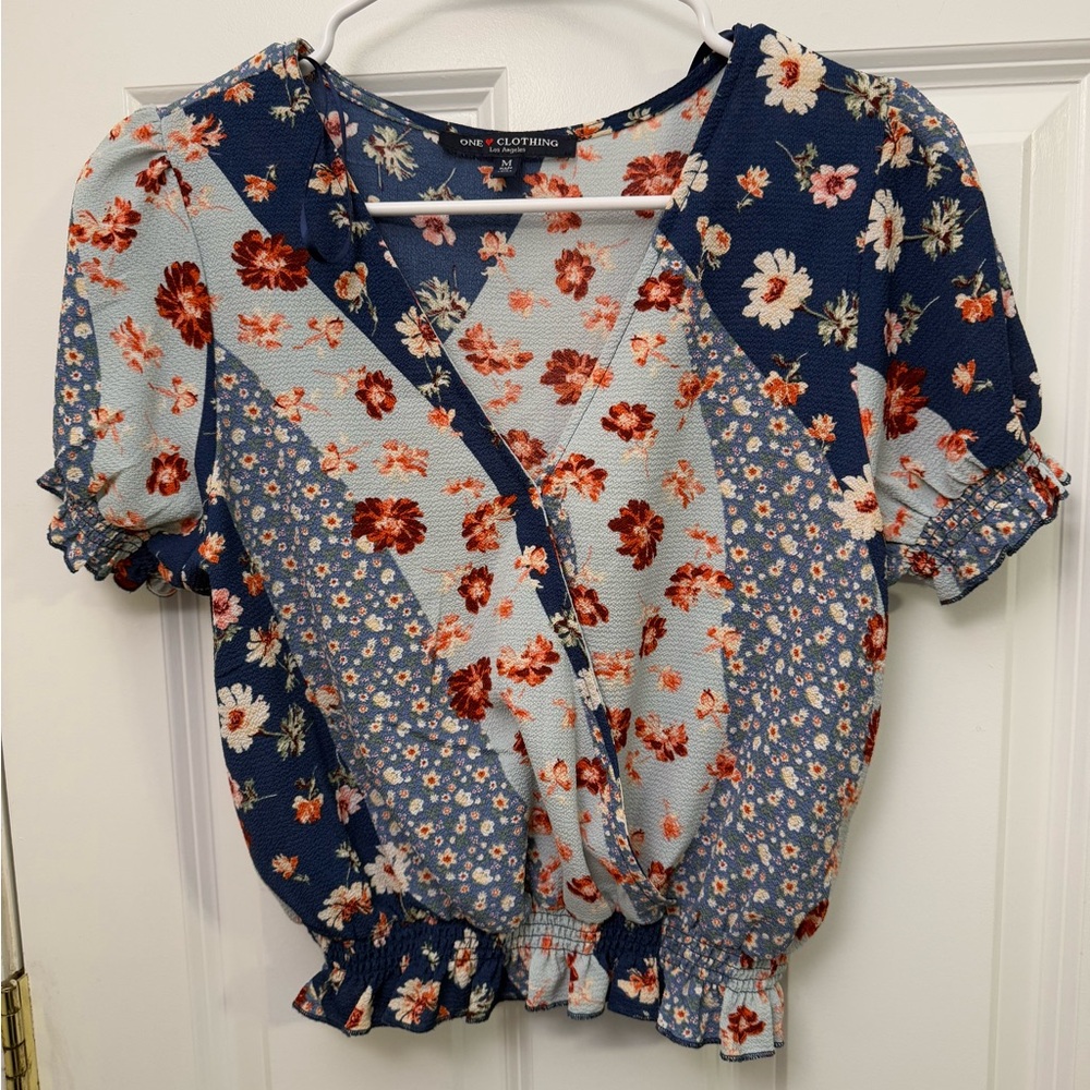 NWOT One Clothing Blue and White Puff Sleeve Blouse